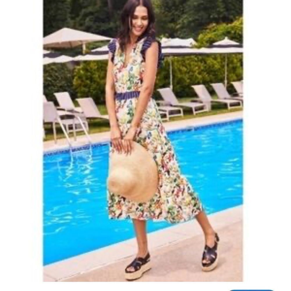 Ecru Bird Of Paradise Midi Dress with Navy Accents Size Small NWT